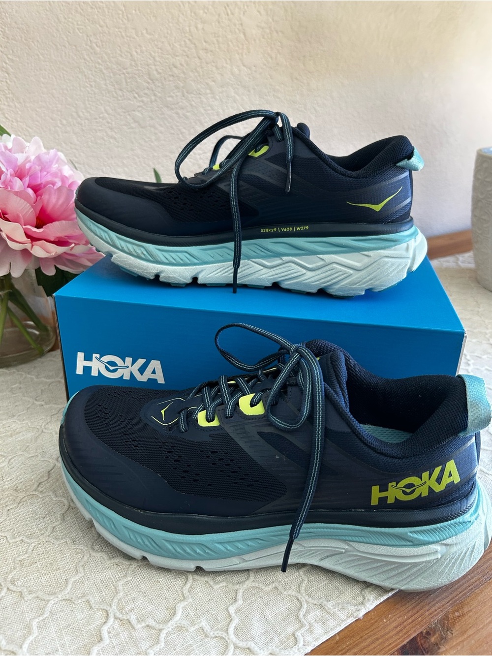 Hoka One One Stinson ATR 6 Women's Navy, Light Blue,Neon Yellow Running Shoes - Picture 2 of 16